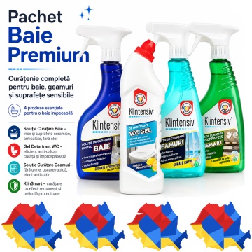 Pachet solutii curatenie baie premium Klintensiv KlinSmart, solutie baie, gel detartrant WC, solutie geamuri si protectie remanenta, 4 produse, 2,25 L, 4x Stickere