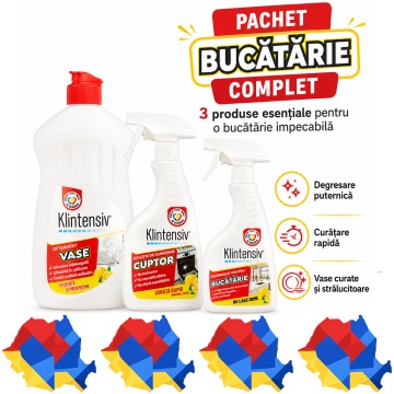 Pachet solutii curatenie bucatarie Klintensiv, degresant, solutie cuptor si detergent de vase, pentru grasime arsa si murdarie persistenta, 3x 500 ml, 4x Stickere