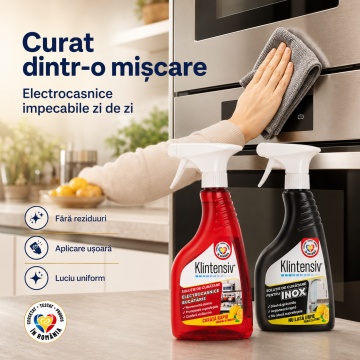 Pachet solutii curatenie electrocasnice si inox Klintensiv, spray pentru frigidere, hote, cuptoare si suprafete inox, fara urme, 2x 500 ml, 4x Stickere - Img 4