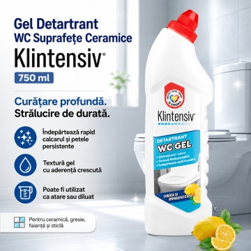 Pachet solutii curatenie generala intensiva Klintensiv, degresant cu bicarbonat, solutie baie, gel detartrant WC si detergent pardoseli, 4 produse, 2,75 L, 4x Stickere - Img 4