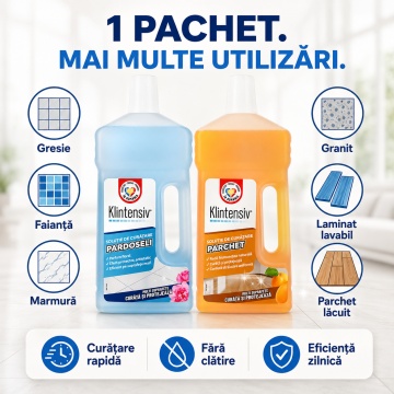 Pachet solutii curatenie Klintensiv, pentru pardoseli, parchet, gresie, marmura si granit Klintensiv, detergent concentrat fara clatire, parfum persistent, 2x 1 L, 4x Stickere - Img 4