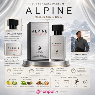 Parfum Arăbesc Alhambra Alpine Homme Sport 30 ml, Apă de Parfum Bărbați, Maison Alhambra, Inspirat Allure Homme Sport, Aromă Aromatic Lemnoasă Fresh cu Grapefruit, Bergamotă, Piper, Geranium, Lavandă, Note Acvatice, Ambră, Cedru, Mosc și Vetiver - Img 3