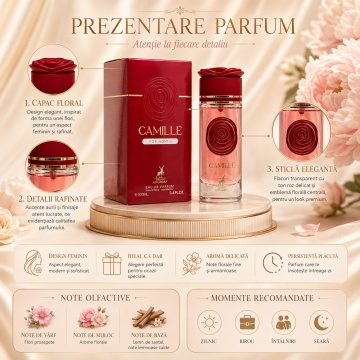 Parfum Arăbesc Alhambra Camille 100 ml, Apă de Parfum Damă, Inspirat Midnight Rose, Aromă Floral Fructată Feminină cu Bergamotă, Fructe Delicate, Pară, Bujor, Flori Albe, Iasomie, Trandafir, Lemn Alb, Mosc și Vanilie - Img 3