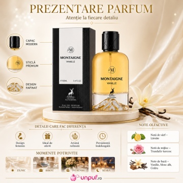 Parfum Arăbesc Alhambra Montaigne Vanille 100 ml, Apă de Parfum Damă, Maison Alhambra, Inspirat Roses Vanille, Aromă Oriental Vanilată cu Bergamotă, Condimente Moi, Tonka, Caramel, Flori Albe, Ambră, Lemn de Santal, Mosc și Vanilie - Img 3