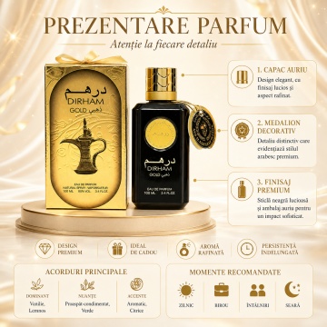 Parfum Arăbesc Ard Al Zaafaran Dirham Gold 100 ml, Apă de Parfum Unisex, Damă și Bărbat, Inspirat Royal Oud, Aromă Oriental Ambrată cu Bergamotă, Condimente, Fructe Dulci, Iasomie, Lemn de Santal, Trandafir, Patchouli, Ambră, Mosc și Vanilie - Img 3