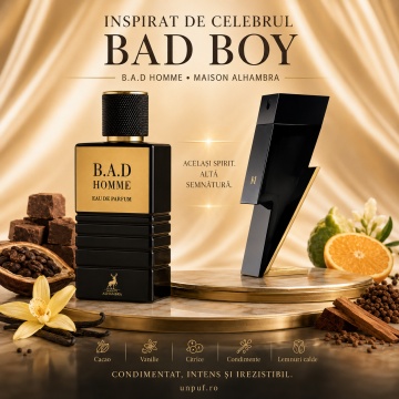 Parfum Arăbesc B.A.D. Homme Maison Alhambra 100 ml, Apă de Parfum Bărbați, Inspirat Bad Boy Carolina Herrera, Aromă Oriental Condimentată Ambrată cu Piper Alb, Bergamotă, Piper Negru, Cedru, Salvie, Boabe de Tonka, Cacao și Lemn de Ambră Amberwood - Img 8