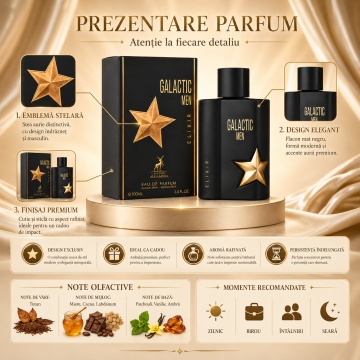 Parfum Arăbesc Bărbat Galactic Men Elixir Maison Alhambra 100 ml, Apă de Parfum, Aromă Oriental Vanilată cu Tutun, Miere, Cacao, Labdanum, Paciuli, Vanilie, Ambră, Bergamotă, Piper Roz și Ciocolată Neagră - Img 3