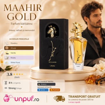 Parfum Arabesc Bărbați Maahir Gold Lattafa, Eau de Parfum 100 ml, Masculin, Ambrat Lemnos Vanilat, Santal, Vanilie - Img 10