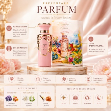 Parfum Arăbesc Bouquet of Euphoria Fragrance World 100 ml, Apă de Parfum Damă, Aromă Florală Dulce cu Heliotrop, Fructe Confiate, Gardenie, Iasomie, Lemn de Santal, Caramel, Mosc și Vanilie - Img 3