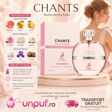 Parfum Arăbesc Chants Tenderina Maison Alhambra 100 ml, Apă de Parfum Damă, Inspirat Chance Eau Tendre Chanel, Aromă Floral Fructată cu Grapefruit, Gutuie, Iasomie, Trandafir și Mosc - Img 9
