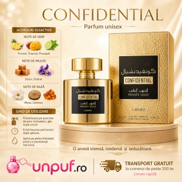 Parfum Arăbesc Confidential Private Gold Lattafa 100 ml, Apă de Parfum Unisex, Damă și Bărbat, Inspirat Kirke Tiziana Terenzi, Aromă Aromatic Fructată Tropicală cu Coacăză Neagră, Fructul Pasiunii, Piersică, Zmeură, Pară, Lăcrămioară, Lemn de Santal, Mosc - Img 9