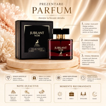 Parfum Arăbesc Damă Jubilant Noir Maison Alhambra 100 ml, Apă de Parfum, Inspirat de Crystal Noir Versace, Aromă Floral Ambrată și Oriental Florală cu Cardamom, Ghimbir, Piper Roz, Bujor, Floare de Portocal, Gardenie, Nucă de Cocos, Lemn de Santal, Mosc ș - Img 3