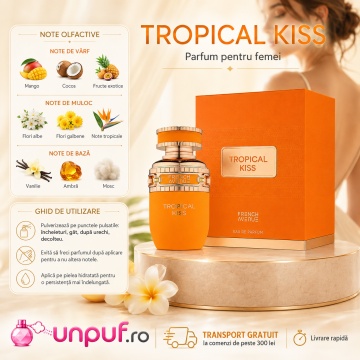 Parfum Arăbesc Damă Tropical Kiss French Avenue 80 ml, Apă de Parfum, Inspirat de Soleil De Jeddah Mango Kiss, Aromă Tropicală Dulce cu Mango, Cocos, Fructe Exotice, Flori Albe, Flori Galbene, Vanilie, Ambră și Mosc - Img 9