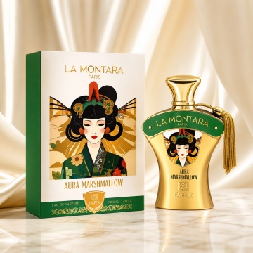 Parfum Arăbesc Emper La Montara Paris Aura Marshmallow 100 ml, Apă de Parfum Damă, Inspirat Moon Sparkle, Aromă Gurmand Dulce cu Caramel, Fructe Dulci, Zahăr, Praline, Flori Albe, Note Cremoase, Tonka, Ambră, Mosc și Vanilie