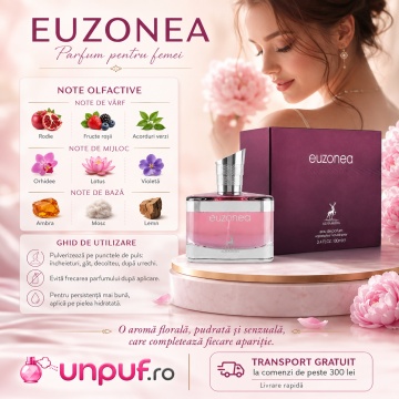 Parfum Arăbesc Euzonea Maison Alhambra 100 ml, Apă de Parfum Damă, Inspirat Euphoria Calvin Klein, Aromă Oriental Florală Ambrată cu Rodie, Persimon, Note Verzi, Violetă, Floare de Lotus, Orhidee Neagră, Frișcă, Ambră și Lemn de Mahon - Img 9