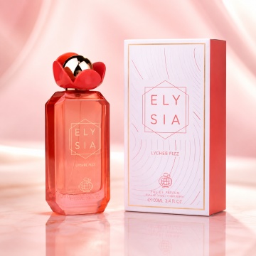 Parfum Arăbesc Fragrance World Elysia Lychee Fizz 100 ml, Apă de Parfum Damă, Aromă Fructată și Proaspătă cu Litchi, Măr Roșu, Coacăze Negre, Zahăr, Lămâie, Violetă, Citrice, Flori Albe, Lavandă, Ambră și Mosc