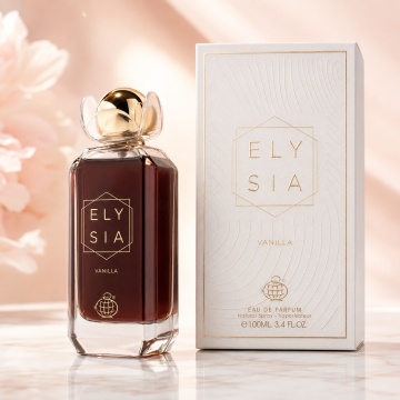 Parfum Arăbesc Fragrance World Elysia Vanilla 100 ml, Apă de Parfum Damă, Aromă Gurmand Dulce cu Vanilie, Zahăr Brun, Boabe de Tonka, Ambră, Lemn Ambrat, Orhidee și Mosc