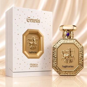 Parfum Arăbesc Genesis Sagittarius French Avenue 90 ml, Apă de Parfum Unisex, Damă și Bărbat, Inspirat Comete Chanel, Aromă Aromatic Orientală Pudrat Florală cu Iris, Mosc, Vanilie, Violetă, Migdale, Acorduri Pământii, Citrice, Condimente, Flori Albe, Lav