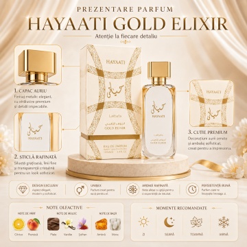 Parfum Arăbesc Hayaati Gold Elixir Lattafa 100 ml, Apă de Parfum Unisex, Aromă Oriental Vanilată cu Anason, Lemn de Santal, Ylang-Ylang, Cedru, Note Pudrate, Ambră și Vanilie - Img 3
