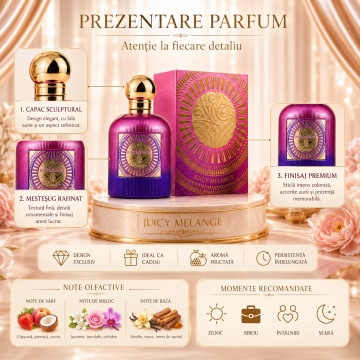 Parfum Arăbesc Juicy Melange Emir 100 ml, Apă de Parfum Damă, Aromă Fructat Dulce Proaspătă, Fructe Tropicale, Bergamotă, Piersică, Fructe Roșii, Flori Albe, Mosc și Vanilie, Inspirată de Eden Sparkling Lichee - Img 3