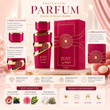 Parfum Arăbesc Just Lychee Fragrance World 100 ml, Apă de Parfum Damă, Aromă Floral Fructată cu Lici, Ananas, Caramel, Coacăză Neagră, Ambră, Lăcrămioară, Trandafir, Mosc, Mușchi și Vanilie - Img 3