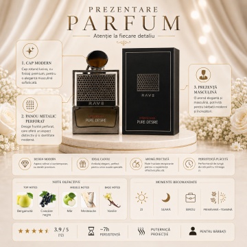 Parfum Arăbesc Lattafa Pure Desire Intense Man 100 ml, Apă de Parfum Bărbat, Aromă Intensă cu Citrice, Piersică, Șofran, Ghimbir, Oud, Santal și Mosc - Img 3