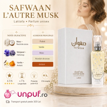 Parfum Arăbesc Lattafa Safwaan L’Autre Musk 100 ml, Apă de Parfum Unisex, Aromă Curată Pudrată cu Mosc, Vanilie, Ambră, Oud și Note Lemnoase - Img 5