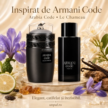 Parfum Arăbesc Le Chameau Arabia Code EDP 100 ml Bărbați, Inspirat Armani Code, Aromă Oriental Ambrată cu Citrice, Condimente, Șofran, Rășini, Flori Albe, Cedru, Ambră, Mosc și Vanilie - Img 8