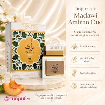 Parfum Arăbesc Le Chameau Genesis Thurath EDP 100 ml Damă, Inspirat Madawi Arabian Oud, Aromă Fructată și Moscată cu Piersică, Flori de Măr, Floare de Ananas, Mosc, Trandafir Sălbatic și Patchouli - Img 8