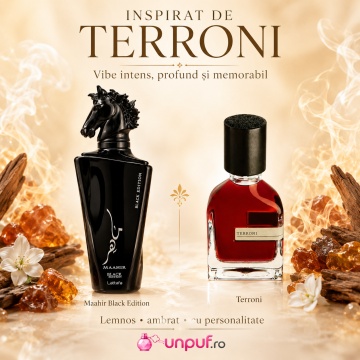 Parfum Arăbesc Maahir Black Edition Lattafa EDP 100 ml Bărbat, Inspirat Terroni / Interlude Black Iris, Aromă Oriental Lemnoasă cu Bergamotă, Rozmarin, Smirnă, Violetă, Tămâie, Ambră, Oud, Piele, Fum și Paciuli - Img 8