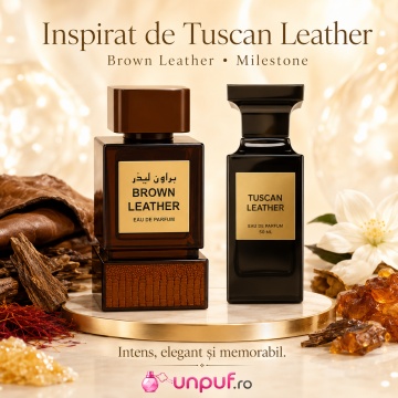 Parfum Arăbesc Milestone Brown Leather EDP 100 ml Unisex, Inspirat Tuscan Leather, Aromă Piele Lemnoasă cu Cardamom, Piper, Șofran, Piele, Lemn Cald, Trandafir, Paciuli, Ambră și Mosc - Img 8
