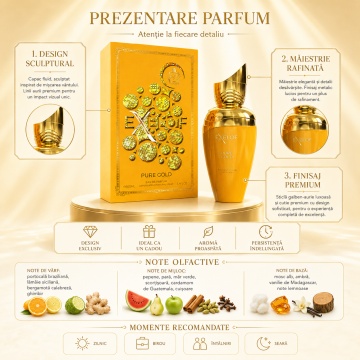 Parfum Arăbesc Milestone Exelof Pure Gold EDP 85 ml Unisex, Inspirat Erba Gold, Aromă Oriental Ambrată cu Portocală Braziliană, Lămâie Siciliană, Bergamotă Calabreză, Ghimbir, Pepene, Pară, Măr Verde, Ambră, Mosc Alb și Vanilie de Madagascar - Img 8