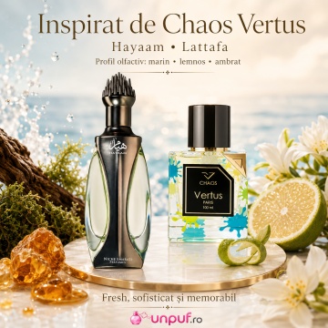 Parfum Arăbesc Niche Emarati Hayaam Lattafa EDP 100 ml Unisex, Inspirat Chaos Vertus, Aromă Marină Lemnoasă Ambrată cu Davana, Lămâie, Note Marine, Sare, Iris Florentina, Lăcrămioară, Ambră, Lemn de Santal și Mușchi de Stejar - Img 8