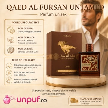 Parfum Arăbesc Qaed Al Fursan Untamed Lattafa EDP 90 ml Bărbat, Aromă Lemnos Condimentată, Asemănător Eros Najim, cu Scorțișoară, Cardamom, Mandarină, Nucșoară, Caramel, Lavandă, Salvie, Chiparos, Ambră, Olibanum, Cedru, Labdanum și Vetiver - Img 9
