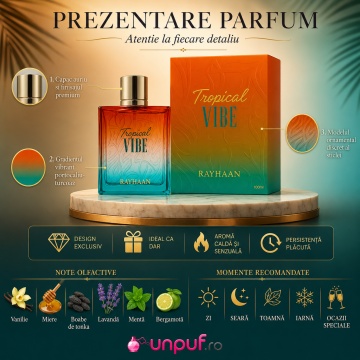 Parfum Arăbesc Rayhaan Tropical Vibe EDP 100 ml pentru Bărbați, Aromă Caldă Tropicală, Vanilată și Ambrată - Img 3