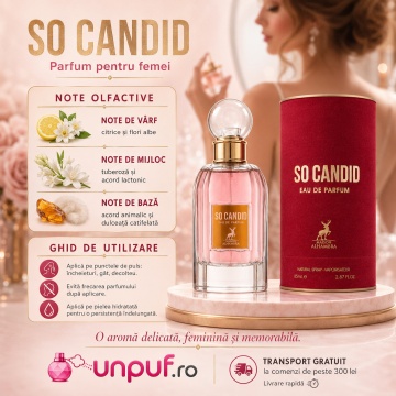 Parfum Arăbesc So Candid Maison Alhambra EDP 85 ml Damă, Inspirat Scandal By Night, Aromă Floral Fructată cu Floare de Portocal, Fructe, Zmeură, Iasomie, Tuberoză și Lapte - Img 9