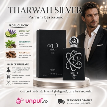 Parfum Arăbesc Tharwah Silver Lattafa Pride EDP 100 ml Bărbat, Inspirat Ralph’s Club, Aromă Lemnos Floral Mosc cu Bergamotă, Mentă, Lavandă, Salvie, Cedru, Mosc și Vetiver - Img 9
