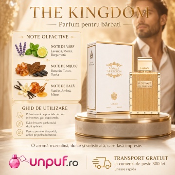 Parfum Arăbesc The Kingdom Men Lattafa EDP 100 ml Bărbat, Inspirat Le Male Elixir Jean Paul Gaultier, Aromă Aromatic Orientală cu Lavandă, Mentă, Salvie, Floare de Portocal, Tutun, Vanilie, Tonka, Labdanum și Rășină Benzoică - Img 9