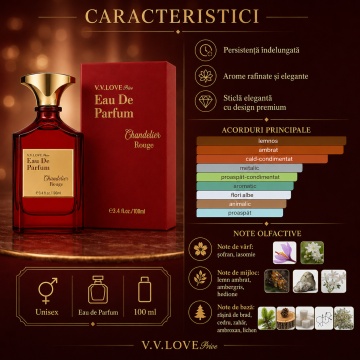 Parfum Arăbesc V.V. Love Chandelier Rouge Eau de Parfum 100 ml, Unisex, Inspirat din Baccarat Rouge 540 - Img 3
