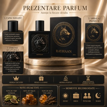 Parfum Arăbesc Wolf Rayhaan EDP 100 ml Unisex, Inspirat The Most Wanted Intense, Aromă Lemnos Aromatică cu Cardamom, Citrice, Piper, Vetiver, Lavandă, Note Uscate, Ambră, Cedru și Mosc - Img 3