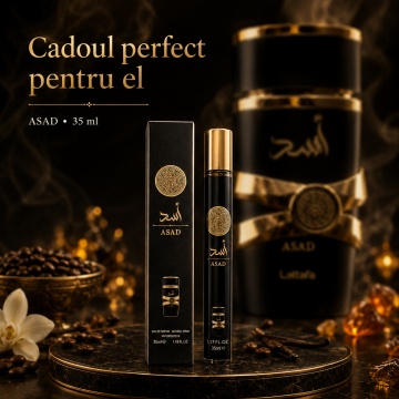 Parfum Asad 35 ml, Apă de Parfum Bărbat, Aromă Oriental Condimentată, Lemnoasă și Vanilată, Format Compact, Note de Piper Negru, Ananas, Tutun, Cafea, Paciuli, Iris, Ambră, Vanilie, Rășină Benzoică și Labdanum - Img 2