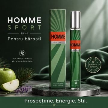 Parfum Bărbat Homme Sport 35 ml V.V. Love, Apă de Toaletă, Inspirat de Hugo Man Hugo Boss, Aromă Proaspătă Lemnoasă cu Măr Verde, Lavandă, Pin, Note Lemnoase și Brad Balsamic - Img 7
