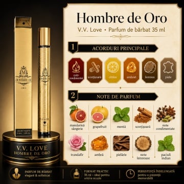 Parfum Bărbați Hombre de Oro 35 ml V.V. Love, Apă de Toaletă, Inspirat de 1 Million Rabanne, Aromă Cald Condimentată cu Mandarină Sângerie, Grapefruit, Mentă, Scorțișoară, Ambră, Piele și Paciuli - Img 7