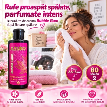 Parfum Concentrat pentru Rufe Azuro Bubble Gum, până la 80 Spălări, Aromă Dulce de Gumă de Mestecat, pentru Spălare Automată și Manuală, 200 ml - Img 3