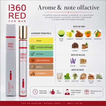 Parfum I360 Red For Man 35 ml, Apă de Parfum Bărbat, Aromă Citrica Proaspăt Condimentată și Lemnoasă, Format Compact, Note de Lămâie Verde, Bergamotă, Scorțișoară, Portocală, Mandarină, Lavandă, Mosc, Vetiver și Lemn de Santal - Img 4