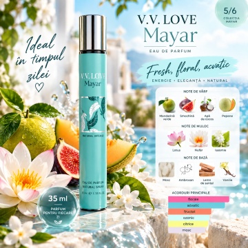 Parfum pentru femei Mayar V.V. Love, Apa de Parfum, 35 ml, aroma florala acvatica fructata, mandarina verde, smochina, apa de cocos, pepene, lotus, nufar, iasomie, mosc, ambroxan, lemn de santal si vanilie - Img 3