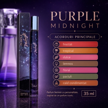 Parfum Purple Midnight 35 ml, Apă de Parfum Damă, Aromă Fructat Florală Misterioasă și Seducătoare, Format Compact, Note de Prună, Carambola, Pitahaya, Orhidee, Floare de Cactus de Noapte, Bujor, Paciuli, Lemn de Santal și Ambră - Img 6