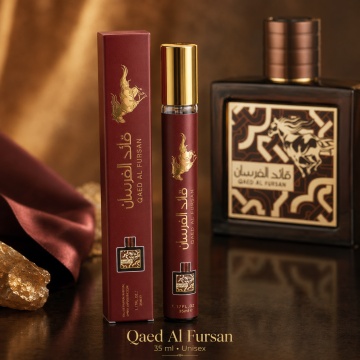 Parfum Qaed Al Fursan 35 ml, Apă de Parfum Unisex, Aromă Ambrată Cald Condimentată și Lemnoasă, Format Compact, Note de Scorțișoară, Cardamom, Mandarină, Nucșoară, Caramel, Lavandă, Ambră, Cedru și Vetiver