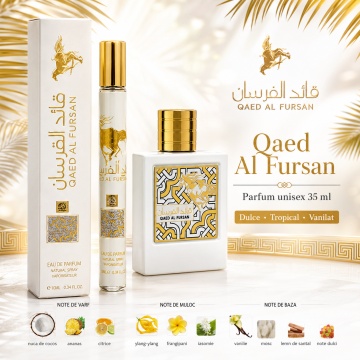 Parfum Qaed Al Fursan 35 ml, Apă de Parfum Unisex, Aromă Dulce Tropicală și Elegantă, Format Compact, Note de Nucă de Cocos, Ananas, Citrice, Ylang Ylang, Frangipani, Iasomie, Vanilie, Mosc și Lemn de Santal - Img 5