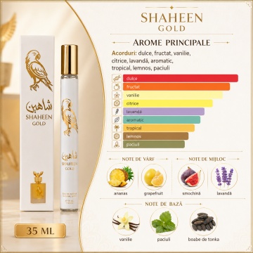 Parfum Shaheen Gold 35 ml, Apă de Parfum Bărbat, Aromă Dulce Fructată și Vanilată, Format Compact, Note de Ananas, Grapefruit, Smochină, Lavandă, Vanilie, Paciuli și Boabe de Tonka - Img 4